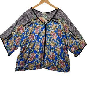 Chenault Womens 2X Floral Print Kimono Sleeve Blouse‎ Blue Black Polyester
